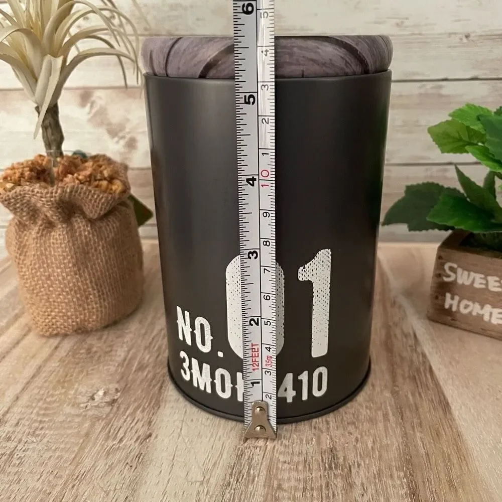 NWT Daiso Gorgeous No 01 3MOK2410 Grey Metal Canister Reclaimed Pattern Wood Lid